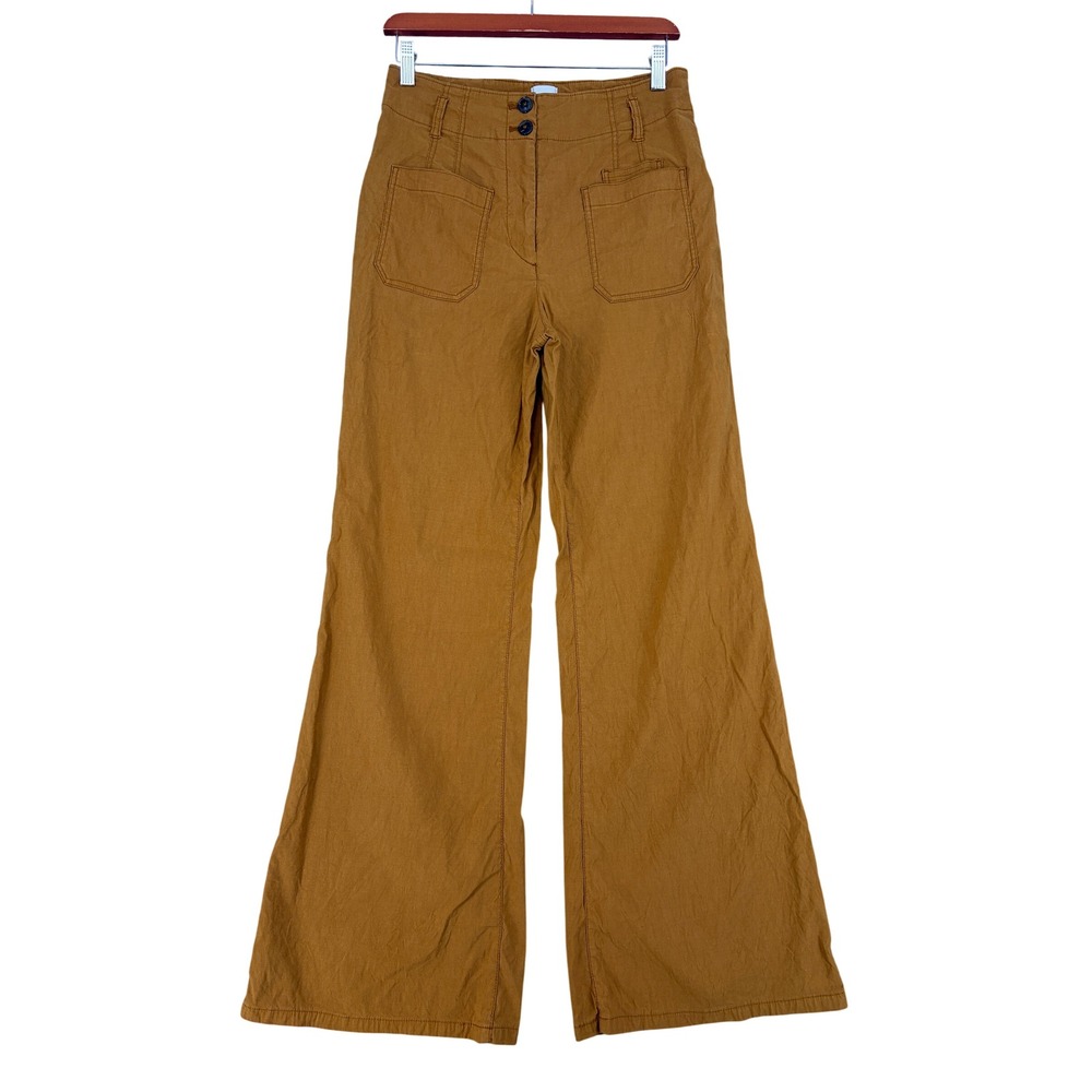 Maeve The Junie Jean Wide Leg Linen Blend Pants Brown Ochre Size 30 High Rise